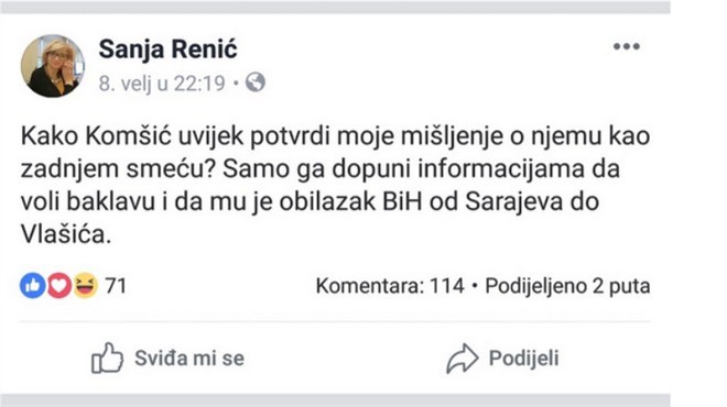 Članica Predsjedništva NS: Komšić je zadnje smeće! Obilazak BiH mu je od Sarajeva do Vlašića