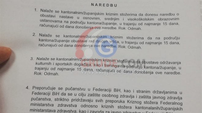 EKSKLUZIVNO - KRIZNI STOŽER FBIH ŽUPANIJAMA: ODMAH OBUSTAVITE NASTAVU!