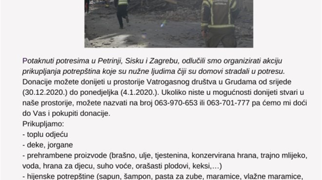 Vatrogasci Grude organiziraju humanitarnu akciju za Petrinju