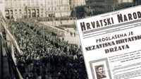 Ispred hrvatske zastave u Banskoj palači, u 1 sat poslije podne, Kvaternik proglašava NDH